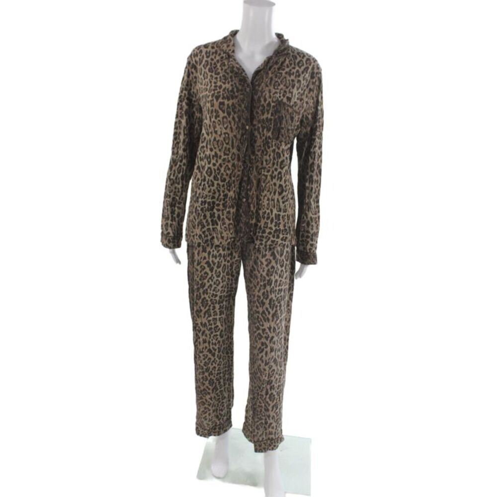 Stripe & Stare Womens Long Sleeve Leopard Printed Pajama Shirt Pants Set Brown L
